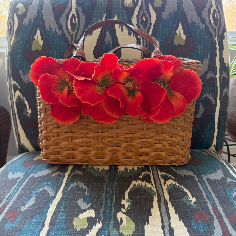 Kate spade Woven Basket Bag with Red Floral Accents
